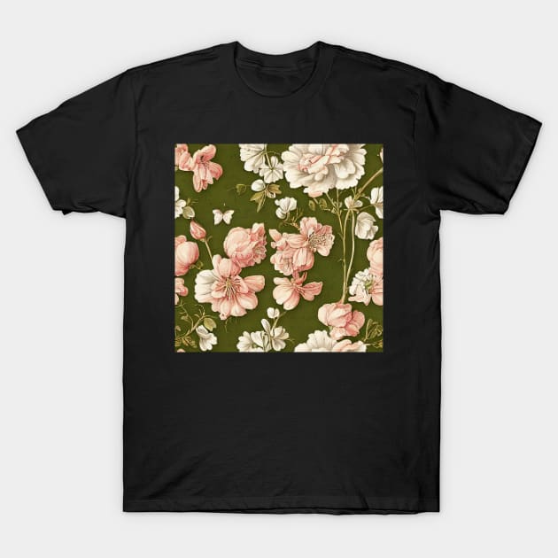 Vintage Floral Light Pink and White Flowers on Olive Green T-Shirt by VintageFlorals